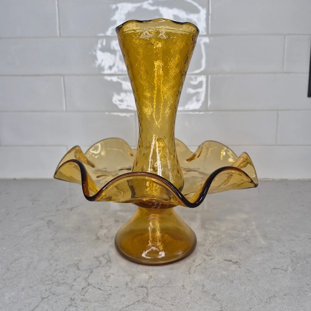Vintage Epergne Vase‎ Amber Diamond Quilted Ruffled Glass 10 Inch 2 Piece